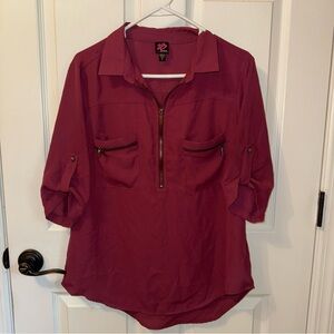 2B Bebe Maroon Red Y2K Cuffed Sleeve Blouse with Notched Collar Work Attire